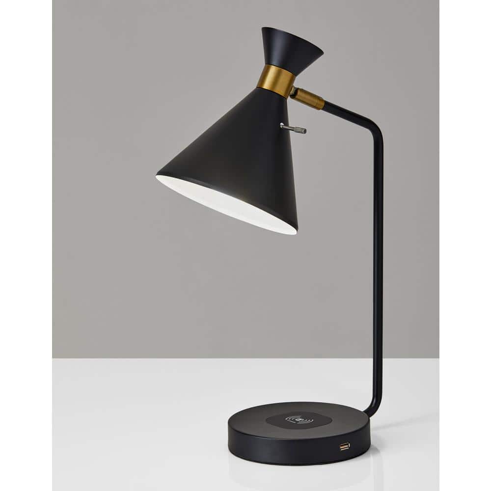 19" Matte Black and Brass Arc Desk Lamp with Wireless Charging