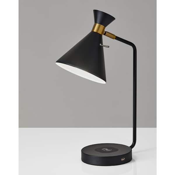 Maxine 19 in. Matte Black w. Antique Brass Accents Desk Lamp with Qi Wireless Charging