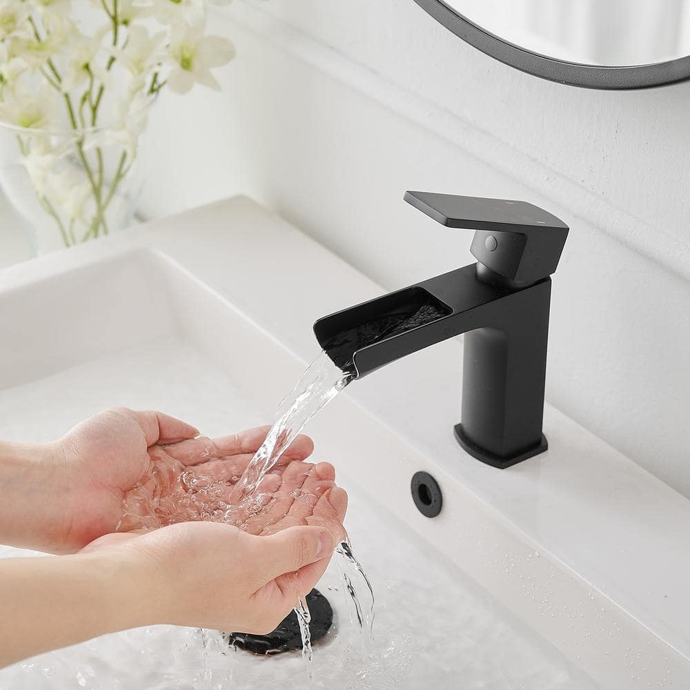 Matte Black Single-Handle Waterfall Bathroom Faucet with Drain Assembly