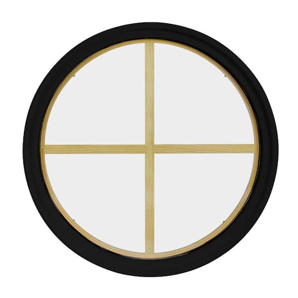 48 in. x 48 in. Round Black 6-9/16 in. Jamb 4-Lite Grille Geometric Aluminum Clad Wood Window