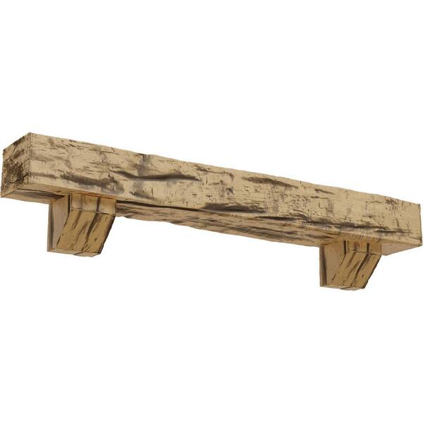 Ekena Millwork 6 in. x 10 in. x 6 ft. Riverwood Faux Wood Fireplace Mantel Kit, Ashford Corbels, Natural Pine