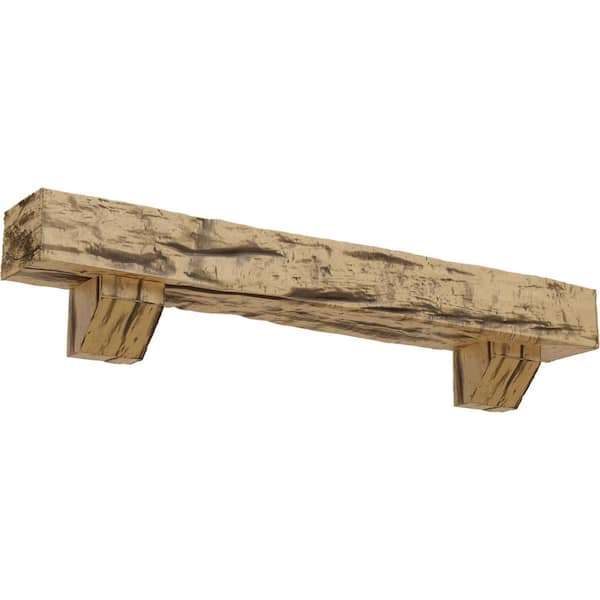 Ekena Millwork 6 in. x 10 in. x 7 ft. Riverwood Faux Wood Fireplace Mantel Kit, Ashford Corbels, Natural Pine