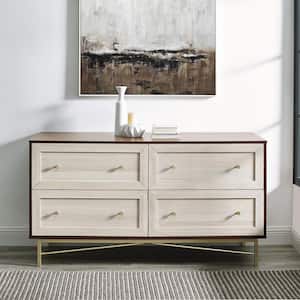 56 in. W. 4-Drawer Dark Walnut and White Poplar Wood Dresser with Gold Hardware