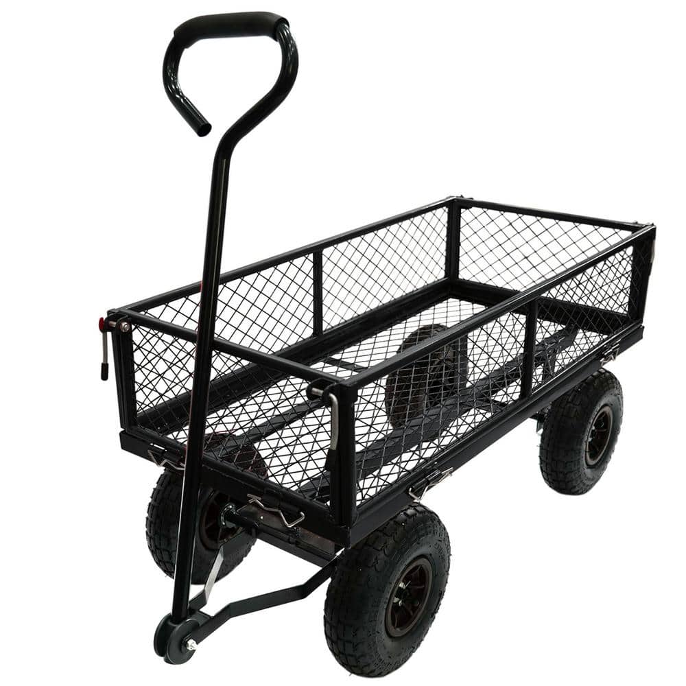 Heavy-Duty Black Steel Mesh Garden Utility Wagon with Removable Sides