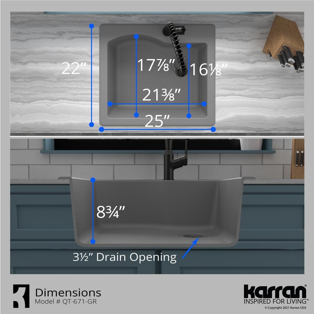 Gray Quartz Composite Single Bowl Drop-In Kitchen Sink