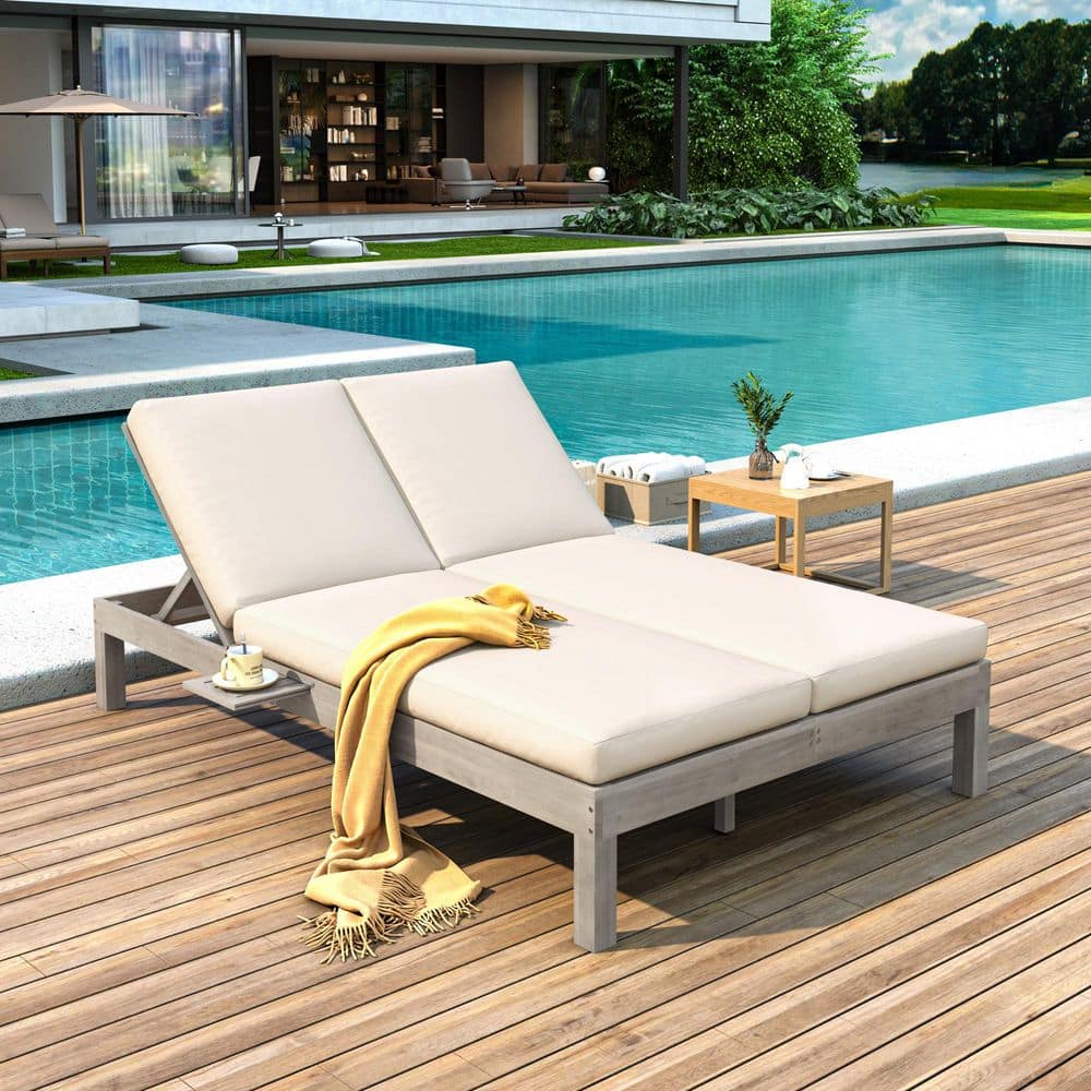 1-Piece Gray Frame Wood Outdoor Double Chaise Lounge with Beige Cushions price history on PriceWatchPro