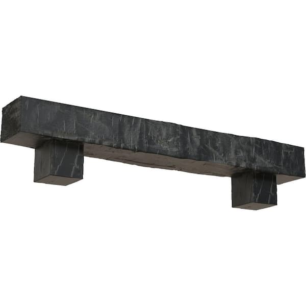 Ekena Millwork 4 in. x 4 in. x 5 ft. Hand Hewn Faux Wood Fireplace Mantel Kit, Alamo Corbels, Aged Ash