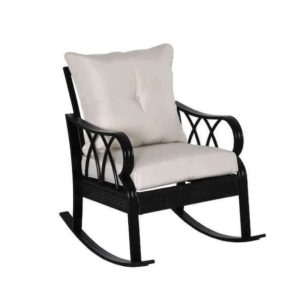 Sudzendf Black Metal Outdoor Rocking Chair with Beige Cushions