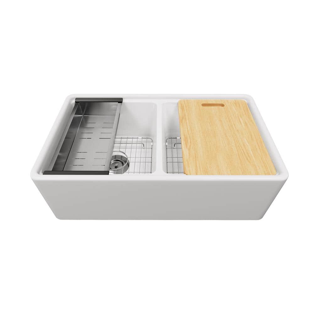 Crisp White Ceramic Double Bowl Farmhouse Kitchen Sink with Accessories