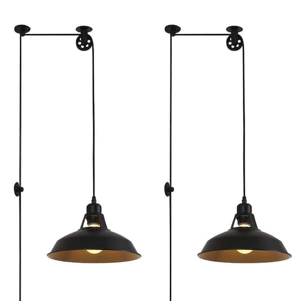 10.6 in. 2 Lights Plug in Pendant Light with Black Metal Shade and Switch, Industrial Adjustable Height Chandelier