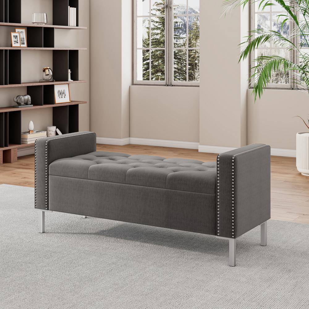 Charcoal Gray Velvet Tufted Storage Ottoman with Square Arms and Pewter Nailhead Trim