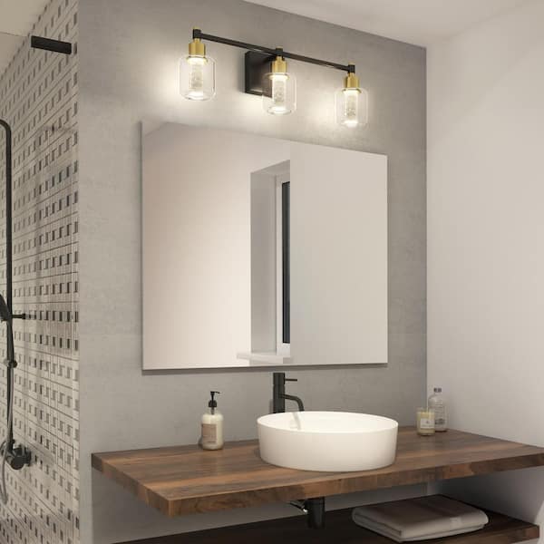 Champagne Globe 26 in. 3 Light Black and Gold Modern Integrated LED Vanity Light Bar for Bathroom with Bubble Glass