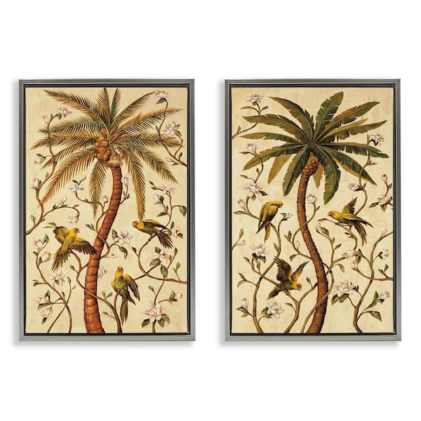 Stupell Industries Parrots and Curving Palm Trees by Rodolfo Jimenez 2-Pieces Gray Floater Frame Nature Graphic Art Print 31 in. x 21 in.