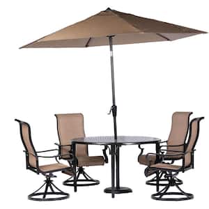 Brigantine 5-Piece Aluminum Outdoor Dining Set with 4 Swivel Rockers, Round Cast-Top Table, 9 ft. Umbrella and Base
