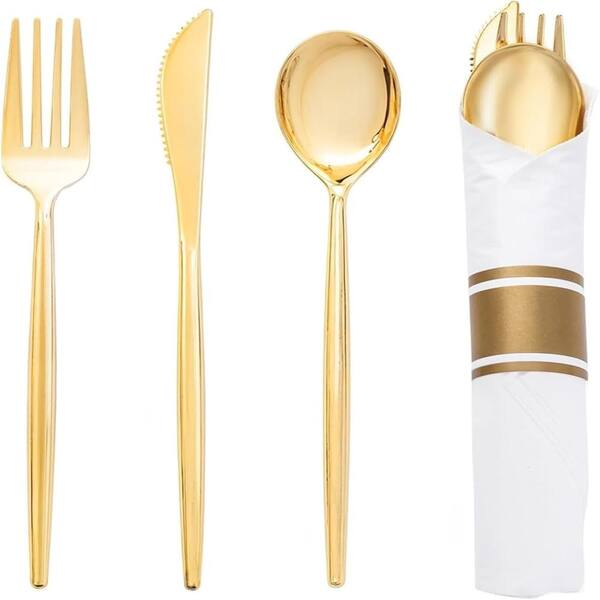 200-Piece Gold Disposable Pre-Rolled Plastic Utensils with Napkins for Wedding Party (Service for 50)
