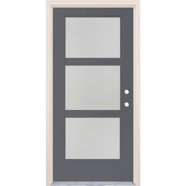 Builders Choice 36 in. x 80 in. Left-Hand/Inswing 3 Lite Satin Etch Glass London Painted Fiberglass Prehung Front Door w/4-9/16" Frame