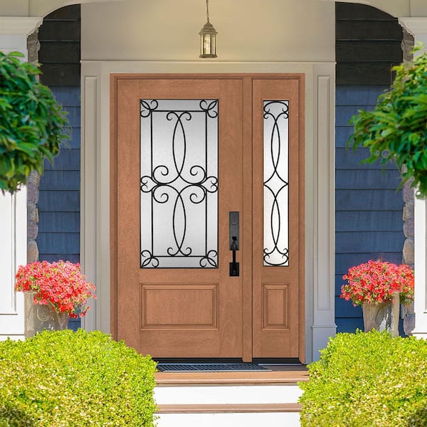 Regency 51 in. x 80 in. 3/4-Lite Georgian Decorative Glass LHIS Autumn Mahogany Fiberglass Prehung Front Door 12 in. SL