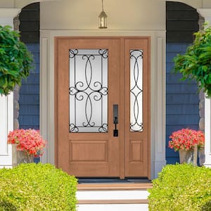 Regency 51 in. x 80 in. 3/4-Lite Georgian Decorative Glass RHOS Autumn Mahogany Fiberglass Prehung Front Door 12 in. SL