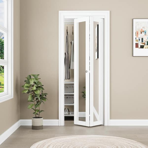 30 in. x 80 in. 1-Lite Mirrored Glass and Solid Core White Finished MDF Interior Closet Bi-fold Door with Hardware