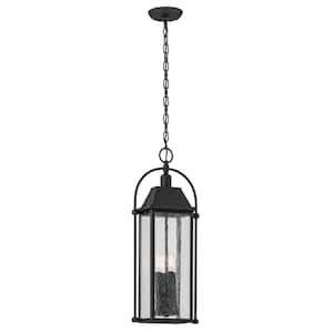 Harbor Row 25.75 in. 4-Light Textured Black Outdoor Porch Hanging Pendant Light with Clear Seeded Glass (1-Pack)