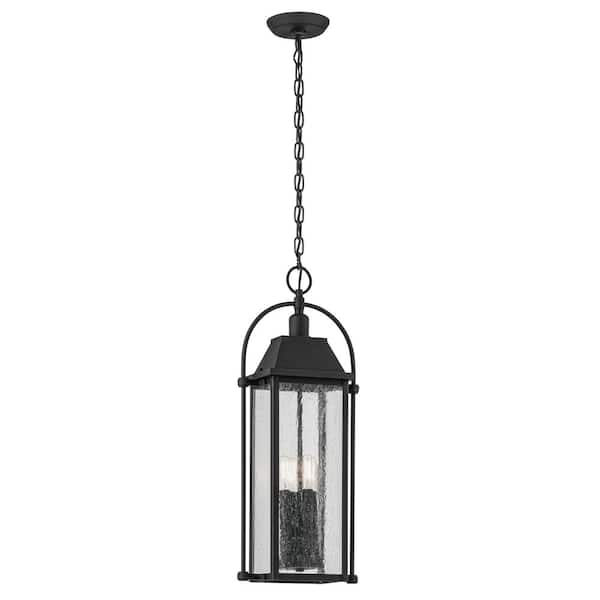 KICHLER Harbor Row 25.75 in. 4-Light Textured Black Outdoor Porch Hanging Pendant Light with Clear Seeded Glass (1-Pack)