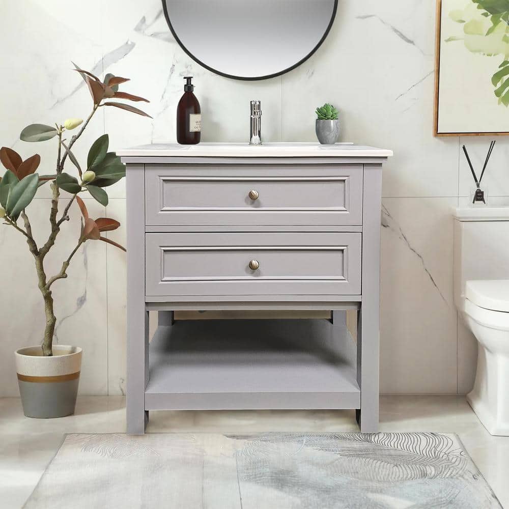 Gray PVC Freestanding Vanity with White Ceramic Top, 30"