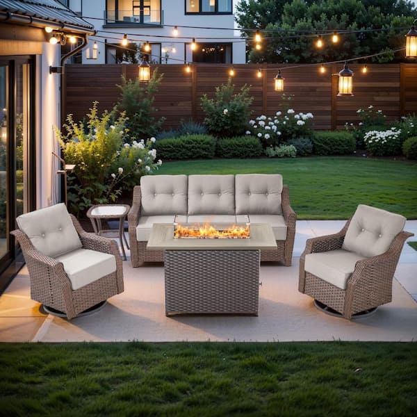 Circle Brown Wicker 5-Piece Patio Conversation Set with Outdoor Swivel Chairs, Fire Pit Table and 6 in.T Beige Cushions