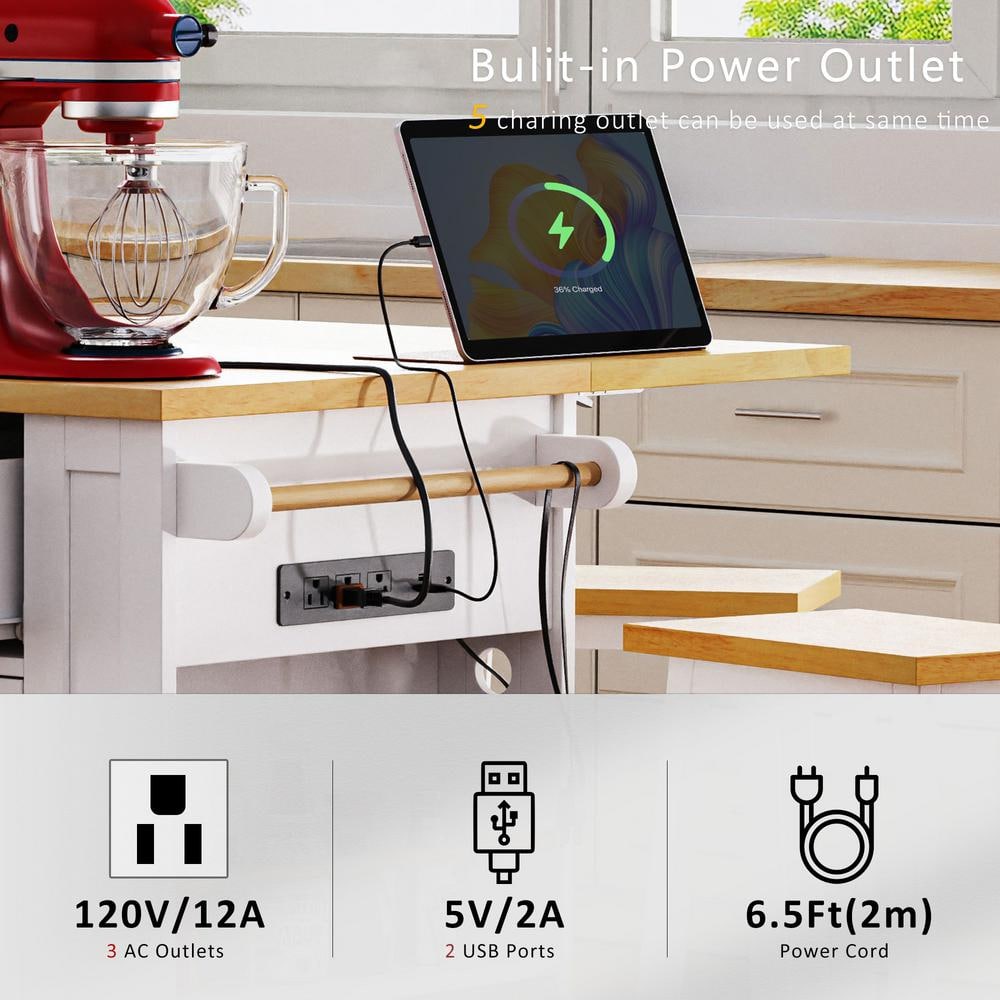 Farmhouse White Drop Leaf Wood Kitchen Island with Power Outlet and Adjustable Shelves