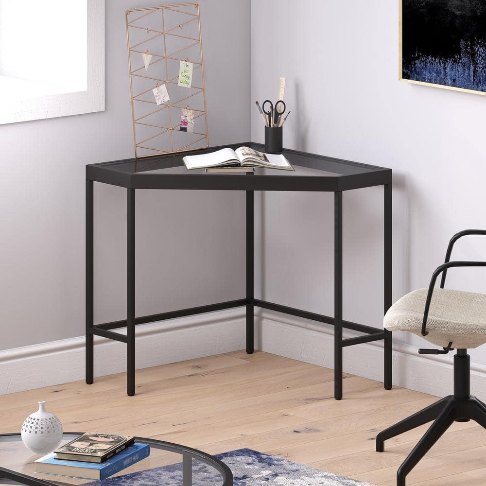 Blackened Bronze Minimalist Corner Desk with Tempered Glass Top
