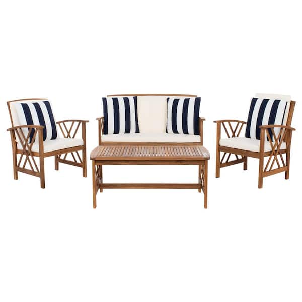 SAFAVIEH Fontana Natural 4-Piece Wood Patio Conversation Set with Beige Cushions