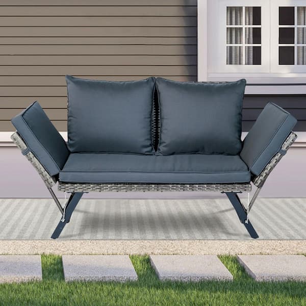 1-Piece Wicker Outdoor Couch Patio Loveseat with Dark Gray Cushions and Foldable Armrest