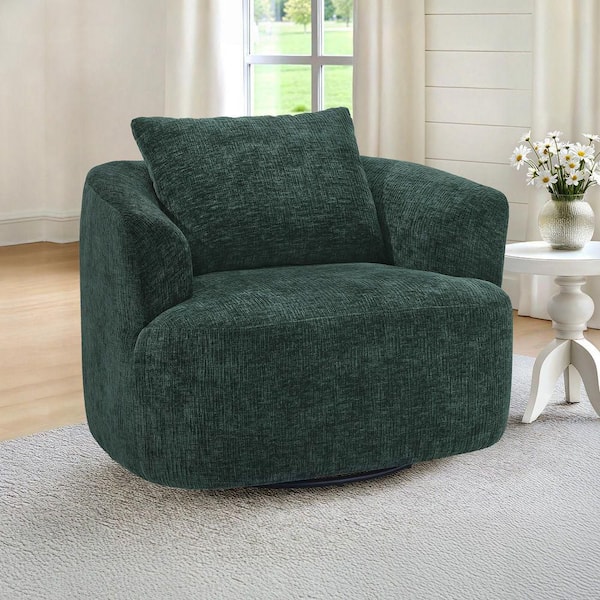 OrangeOne Green Pit Stripe Chenille Fabric Upholstered 360° Swivel Accent Chair Metal Base Swivel Barrel Chair with Pillow