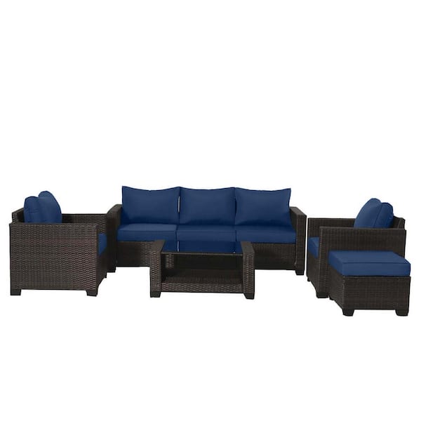 Runesay Brown 7-Piece Rattan Wicker Patio Outdoor Sectional Set with Coffee Table and Dark Blue Cushions