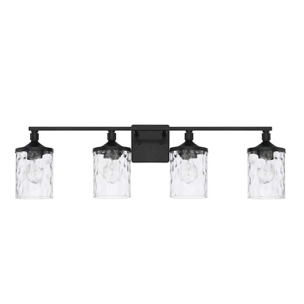 33.5 in. W x 10 in. H x 7 in. E 4-Light Clear Water Glass Vanity Light in Matte Black