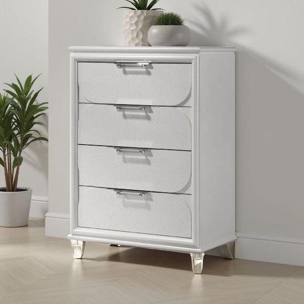 Benjara Dima Tall Dresser Chest, 4 Drawers W Acrylic Handles, White Rubberwood