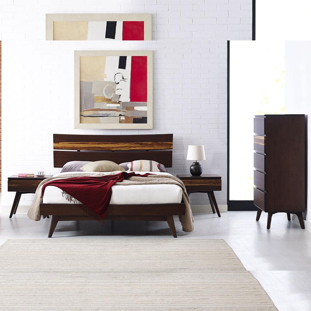 Sarah 4-Pieces Brown Burgundy Wood Frame King Platform Bedroom Set with 2-N