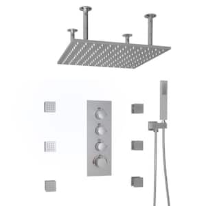 Luxury 3-Spray Dual Patterns Thermostatic 16 in. Ceiling Mount Rainfall Shower Heads 8 GPM with 6-Jet in Brushed Nickel