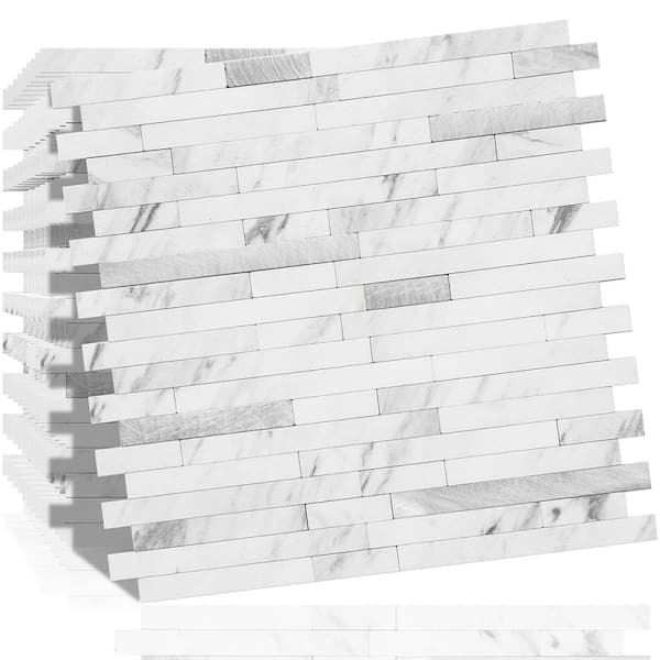 Angel Sar 10-Sheet Peel and Stick Backsplash Wall Tile, Faux White Marble Look PVC Mixed Metal Wall Panel for Kitchen
