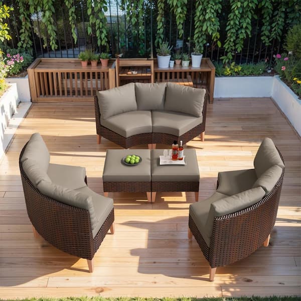 Pocassy Modular Sofa Collection - 8 Piece Brown Wicker Outdoor Conversation Set Sectional with CushionGuard Gray Cushions