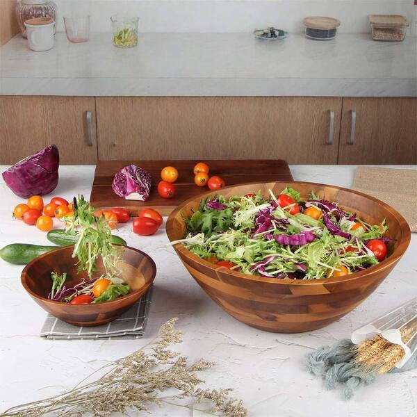 Gibson Home Laurel Acacia Wood Salad Bowl Set - 3 Piece Natural Wood Serving Bowls