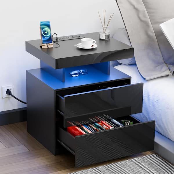 Modern Black 2-Drawer 19.7 in. W Nightstand with Smart LED Light and Wireless Charging Station