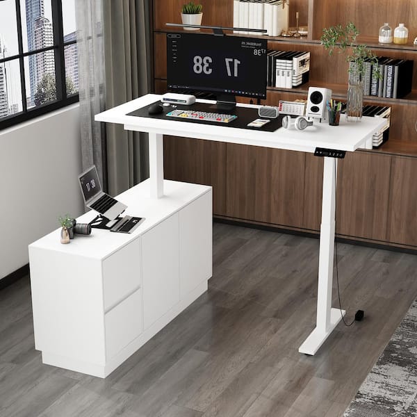 54.3 in. W L-Shaped White Adjustable Height Desk Ergonomic Workstation Home Office with Pop-Up Design Cabinet Drawers