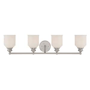 Melrose 33.5 in. W x 7.75 in. H 4-Light Satin Nickel Bathroom Vanity Light with White Glass Shades