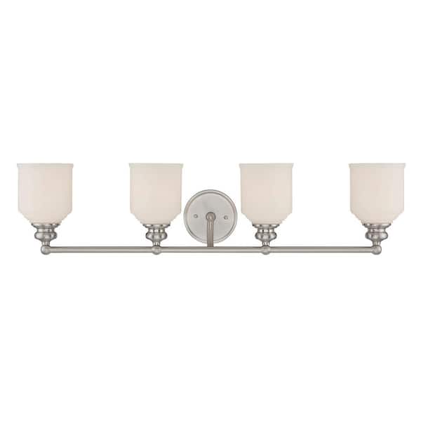 Melrose 33.5 in. W x 7.75 in. H 4-Light Satin Nickel Bathroom Vanity Light with White Glass Shades