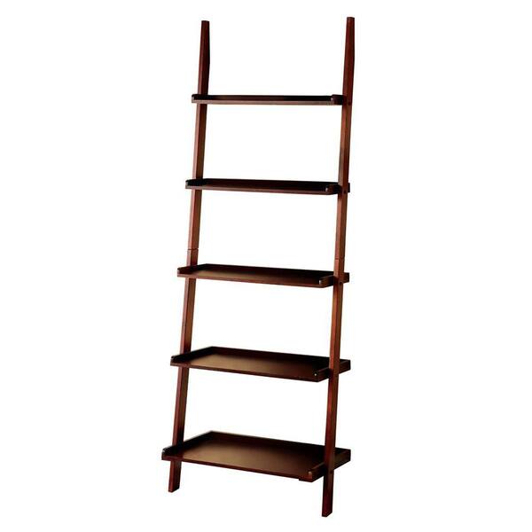 Benjara 72 in. H Brown Wooden 5-shelf Ladder Bookcase with Open Back