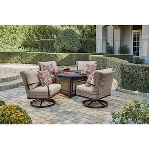 Hazelhurst 5-Piece Brown Wicker Outdoor Patio Fire Pit Seating Set with CushionGuard Almond Tan Cushions
