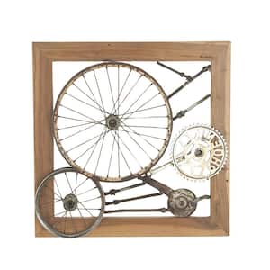 Iron Distressed Gray Bicycle Gears and Wheels Square Framed Metal Work