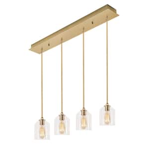 William 4-Light Satin Brass, Clear Shaded Pendant Light with Clear Glass Shade