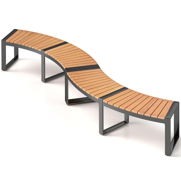 Natural and Black Acacia Wood and Metal Outdoor Garden Bench(2-Pack)