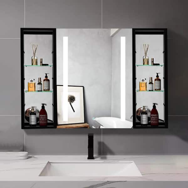 Zeus & Ruta 40 in. W x 30 in. H Rectangular Black Surface Mount Bathroom Medicine Cabinet with Mirror Defogging Dimmer (Left Open)